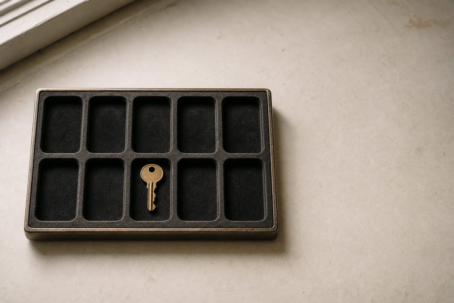 A single brass key resting in one of ten velvet-lined slots on a polished tray.