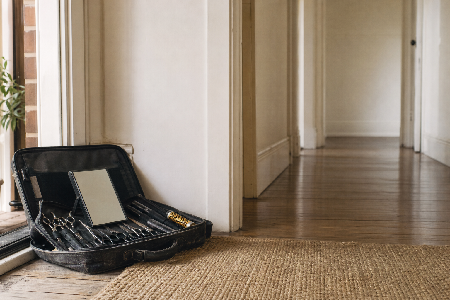 An open mobile hairdressing kit case sitting just inside a home's front entrance, tools arranged inside.