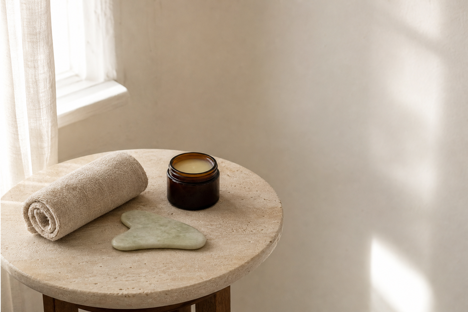 A side table with a gua sha stone, a jar of body balm and a rolled linen towel arranged in a circle, with open space beside them.