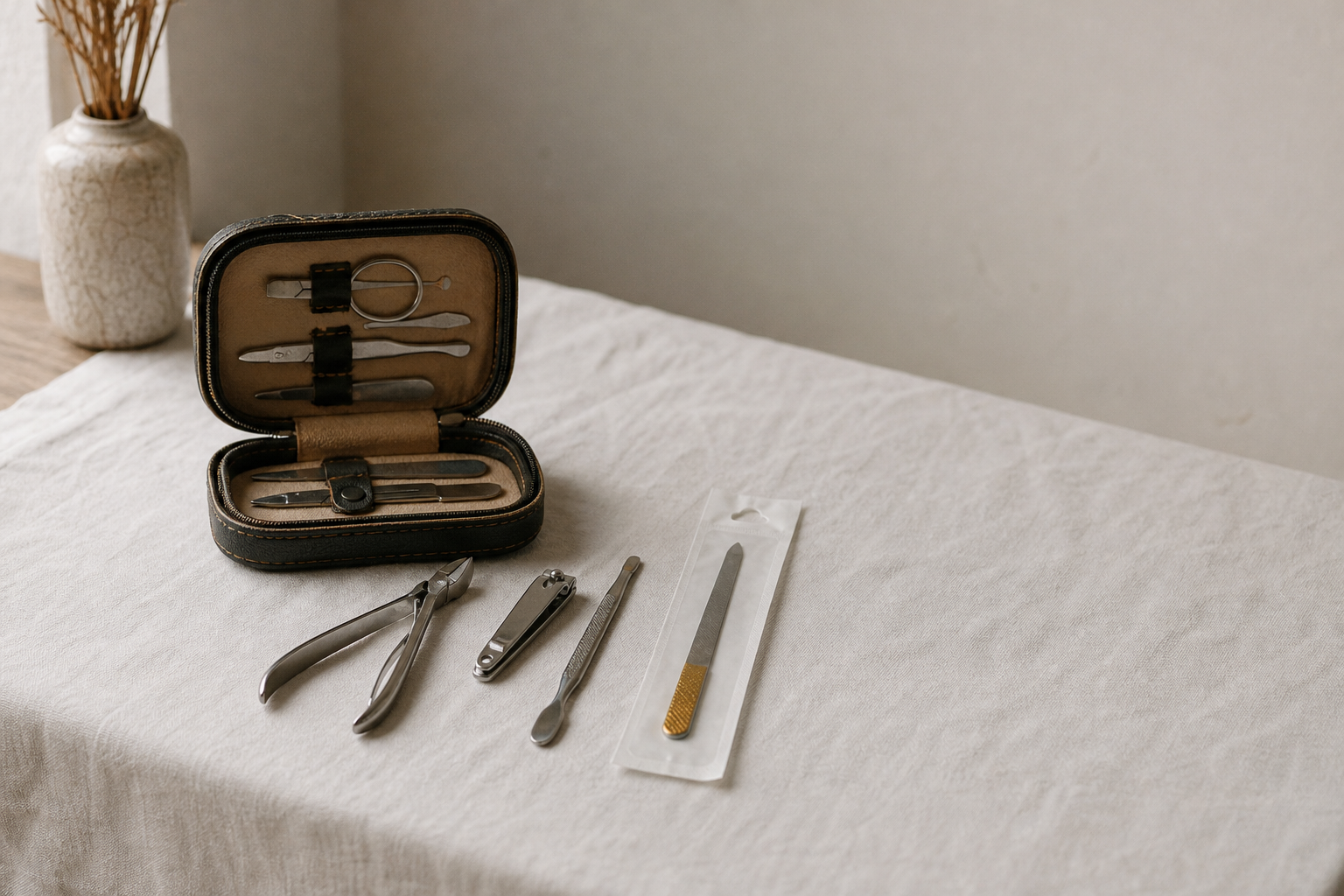 An open case of nail care tools on a white cloth, with one tool still sealed in a sterilization pouch beside the unwrapped set.