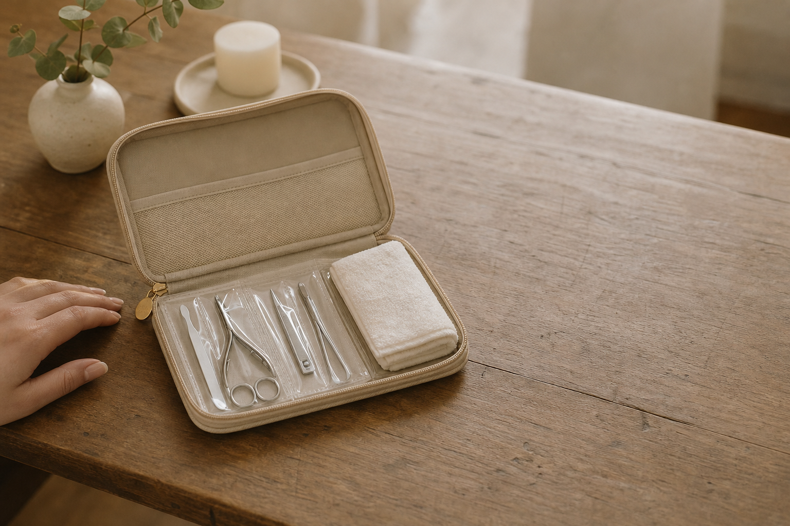 A compact nail care kit opened on a home coffee table, with tools arranged in sealed sterile pouches beside a folded white towel and one hand resting near the edge.