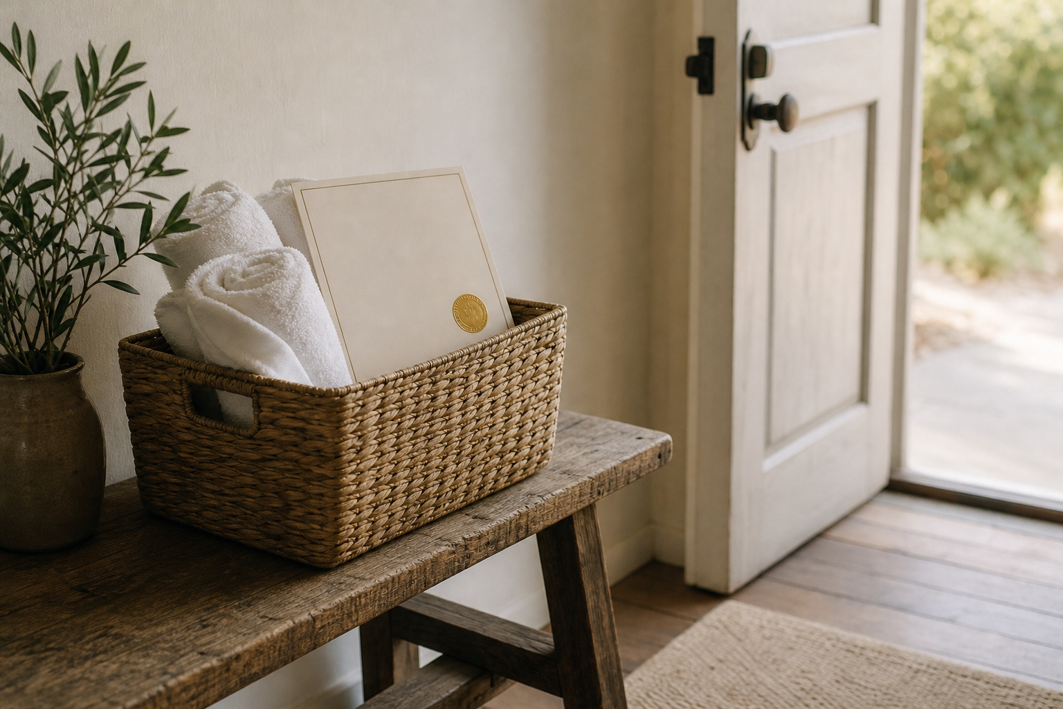 A woven basket with rolled towels and a certificate on a bench near a home's open front door.