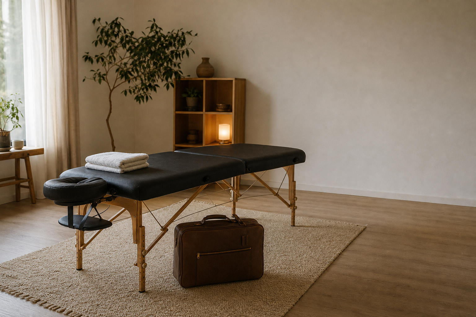 A portable massage table set up in a quiet home living room, with a folded towel and travel case beside it.