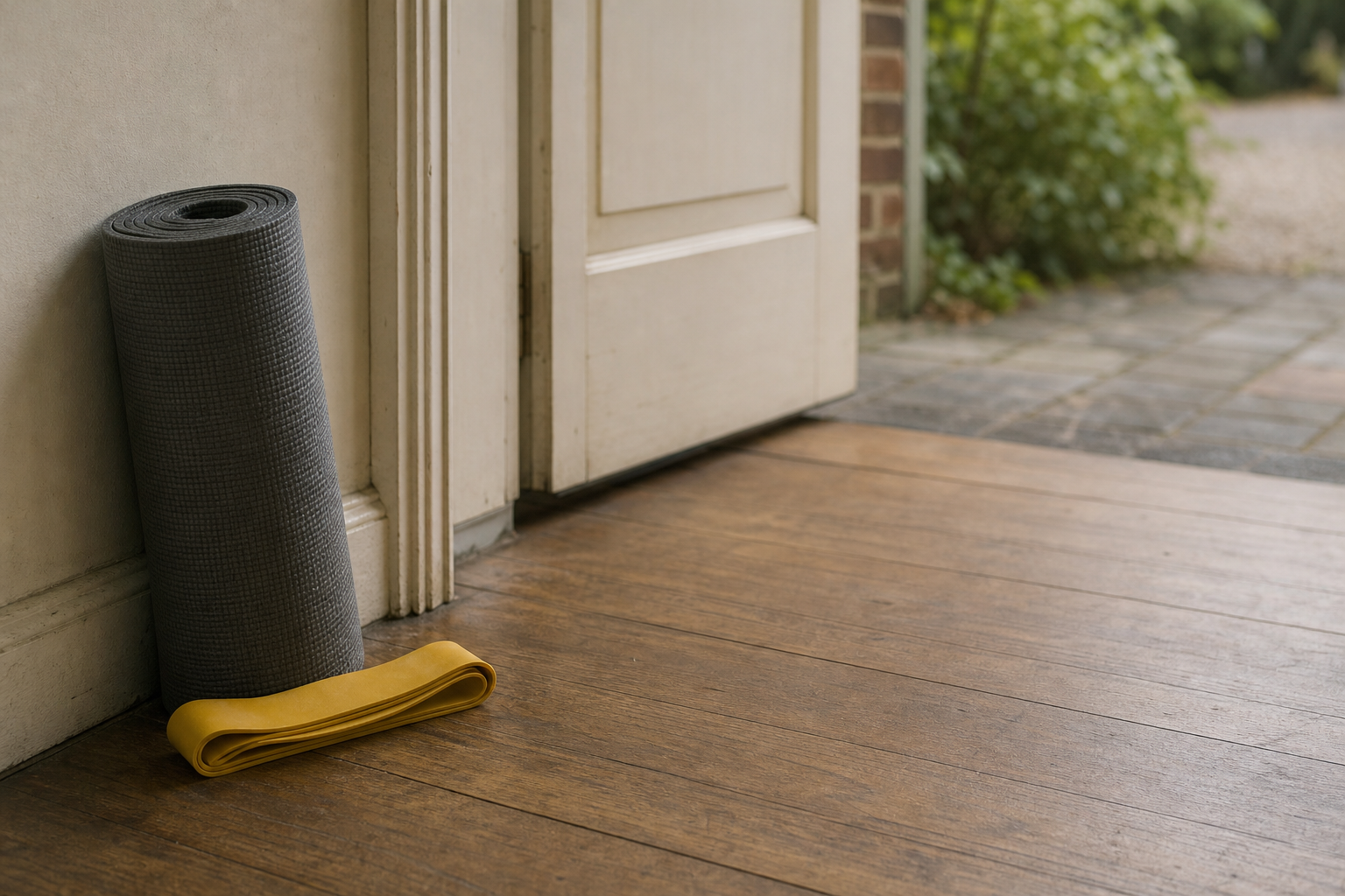 A rolled exercise mat and resistance band resting just inside a home's front doorway.