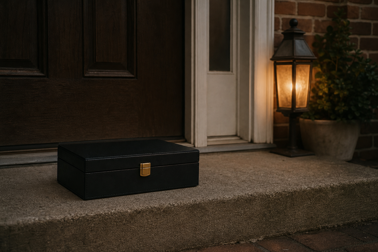 A professional lash case resting on a home doorstep beside a glowing porch light at dusk.