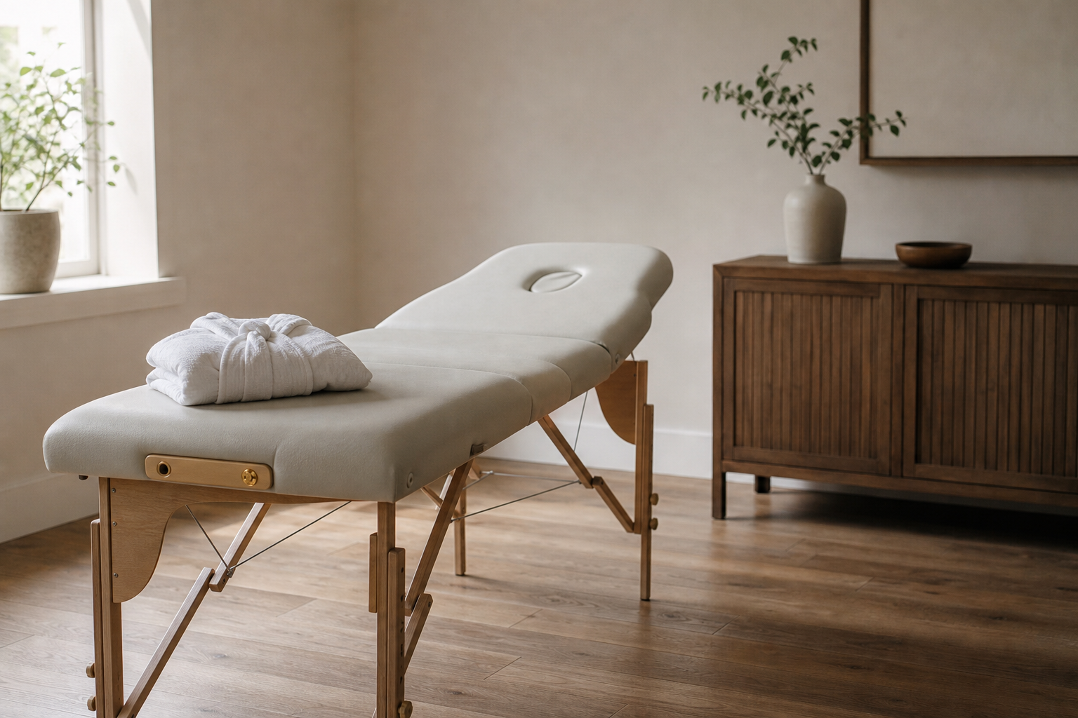 A partly unfolded portable massage table in a sunlit home living room with a folded robe beside it.