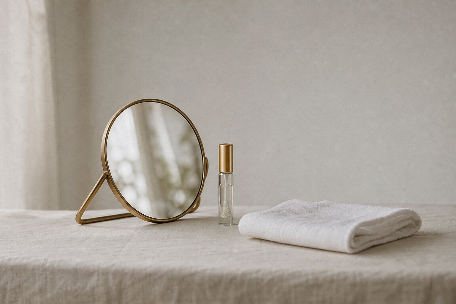 A handheld mirror and a small vial of lamination solution arranged on a home vanity beside a folded white cloth.