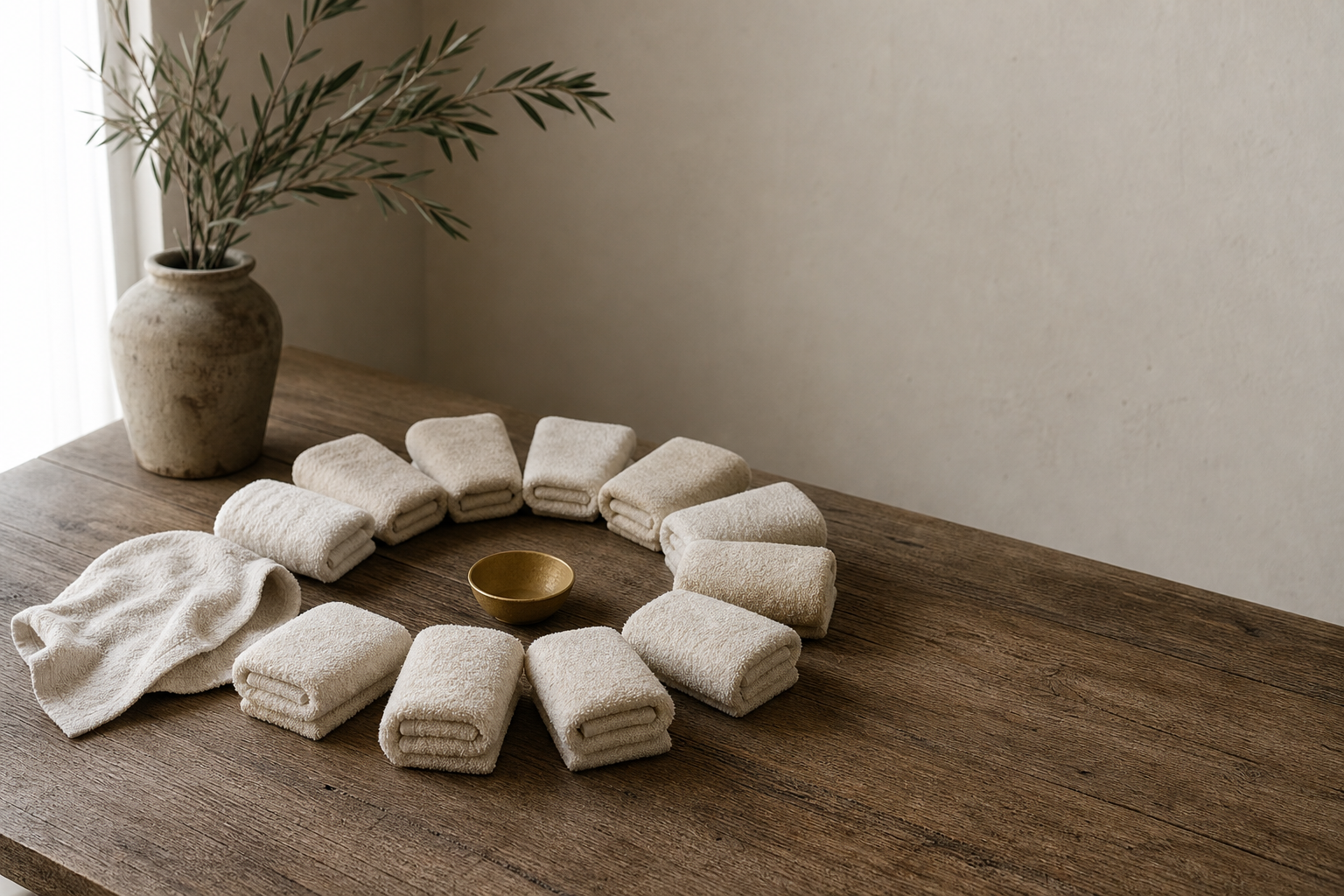 Twelve folded spa towels arranged in a circle on a home table, with one towel partly unfolded.
