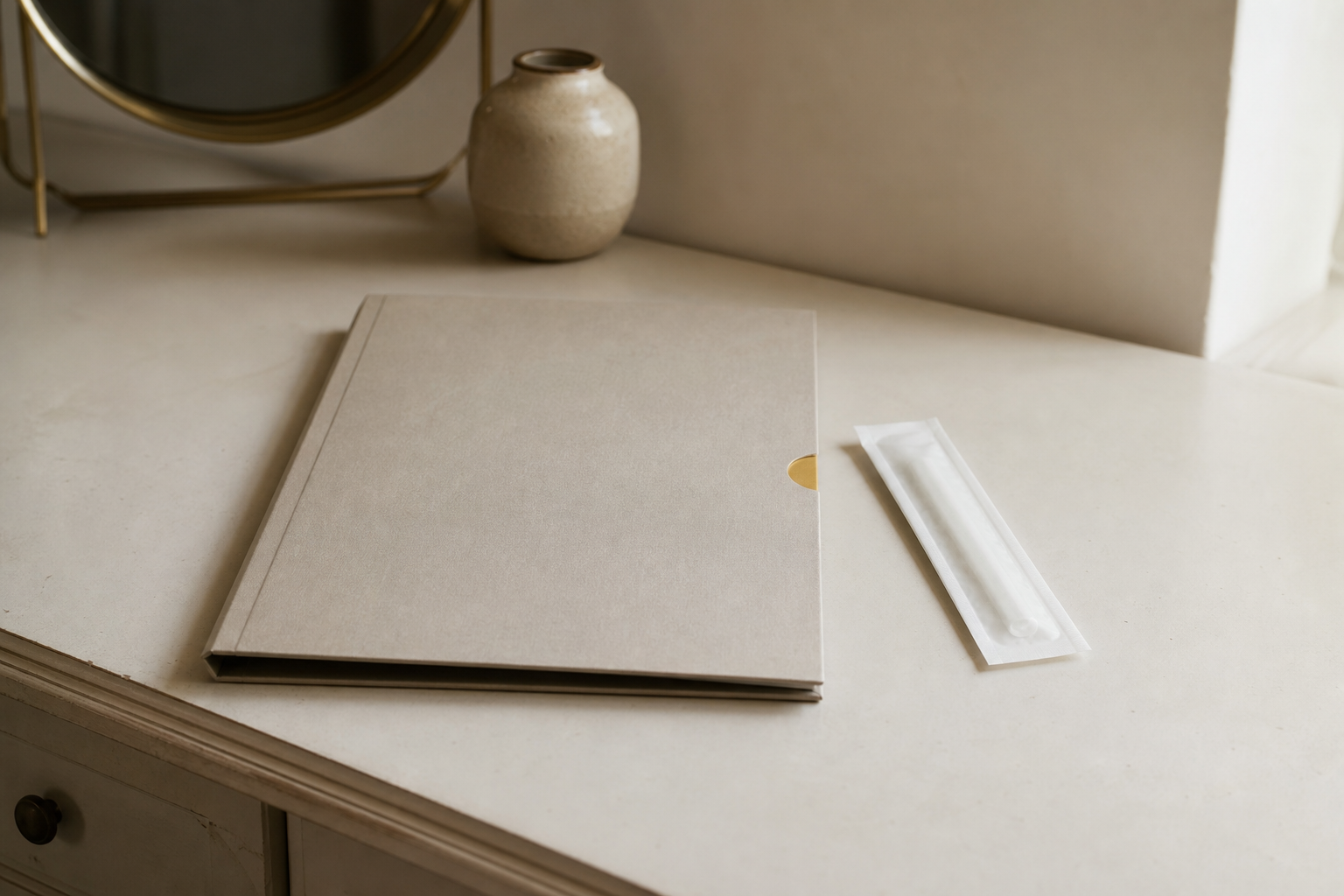 A closed presentation folder and a sealed sterile applicator pouch resting on a home vanity table.
