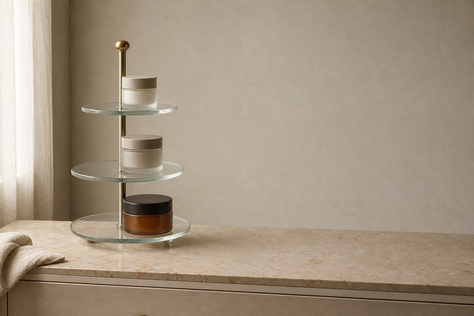 A three-tiered glass stand on a home vanity holding three skincare jars, one per tier, with the surrounding space left empty.