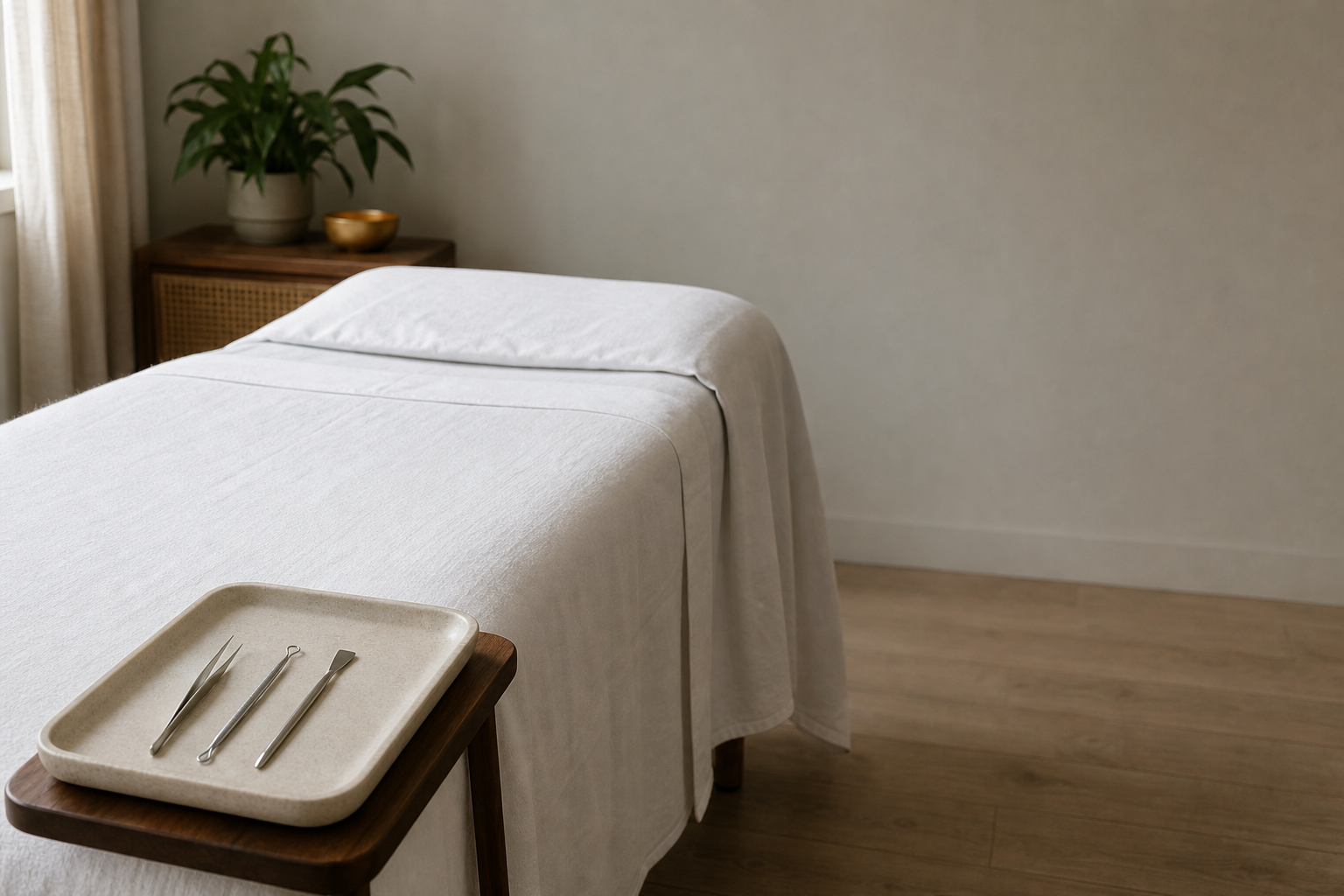 A draped treatment table in a home room with three sterilized facial tools arranged on a tray beside it.