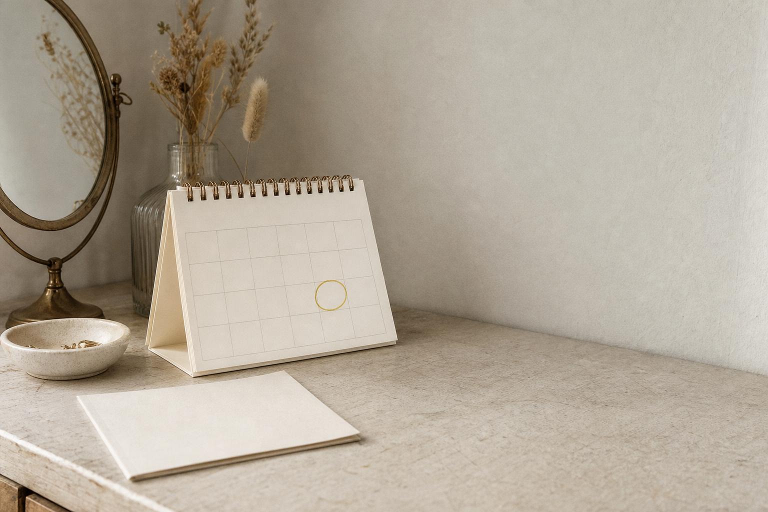 A desk calendar with one date circled, placed next to a folded aftercare card on a home vanity.