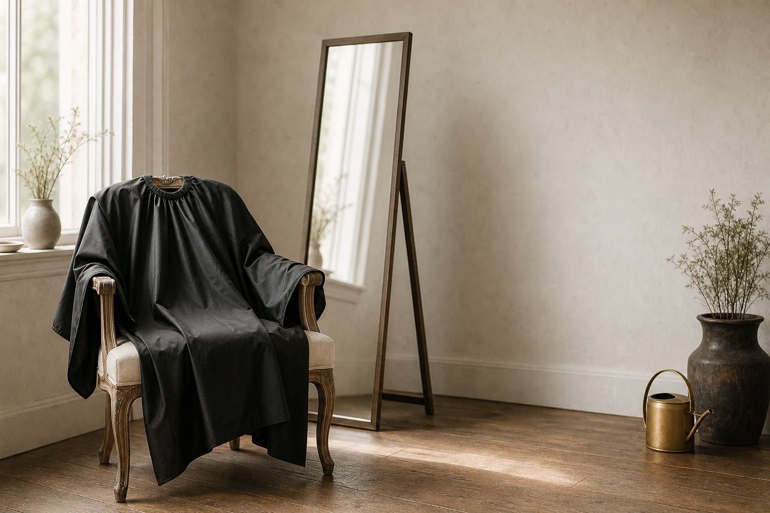 A styling cape draped over a chair beside a standing mirror in a softly lit home room, set up for an at-home hairstyling appointment.