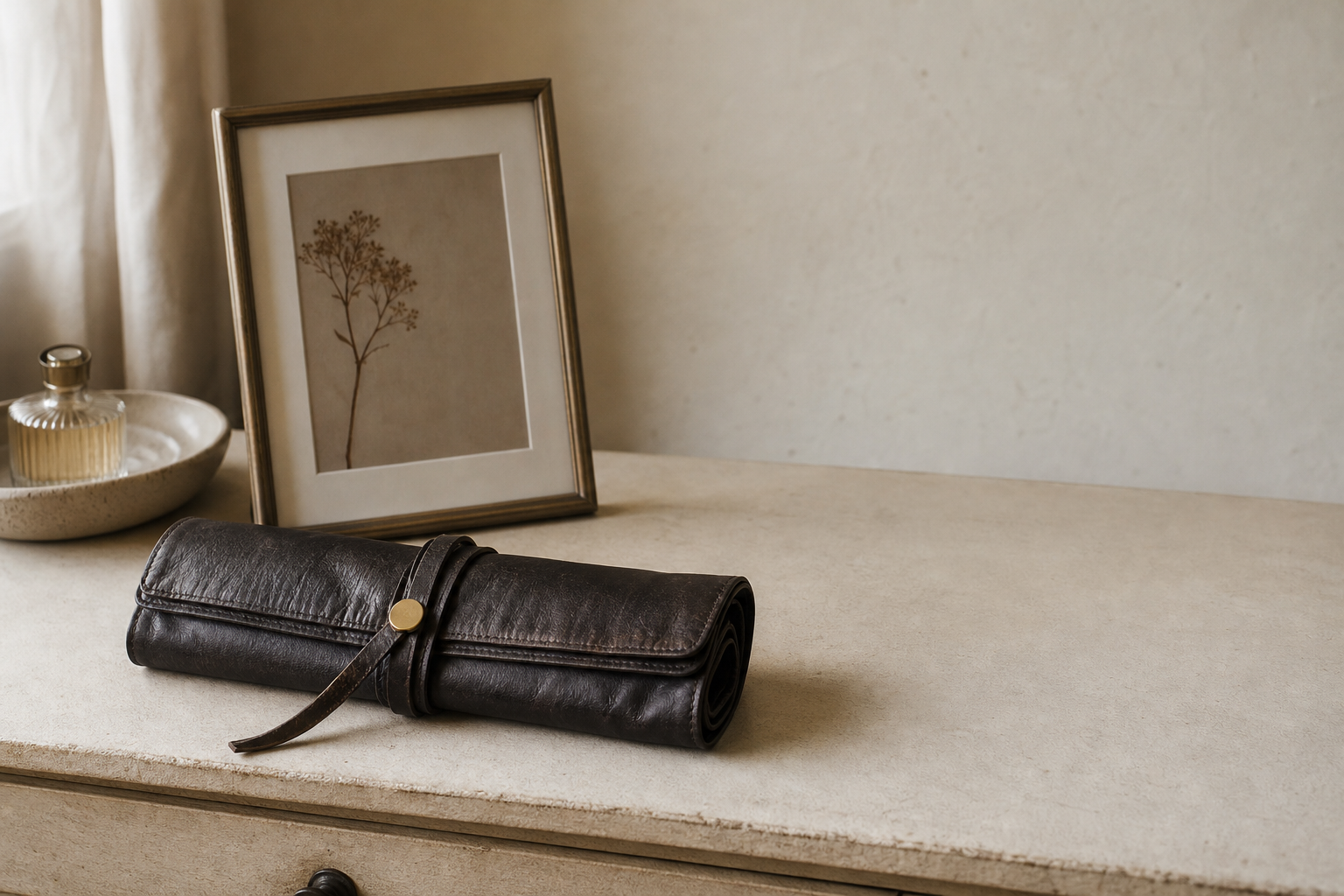 A closed makeup brush roll resting beside a single framed portfolio photograph on a home vanity.