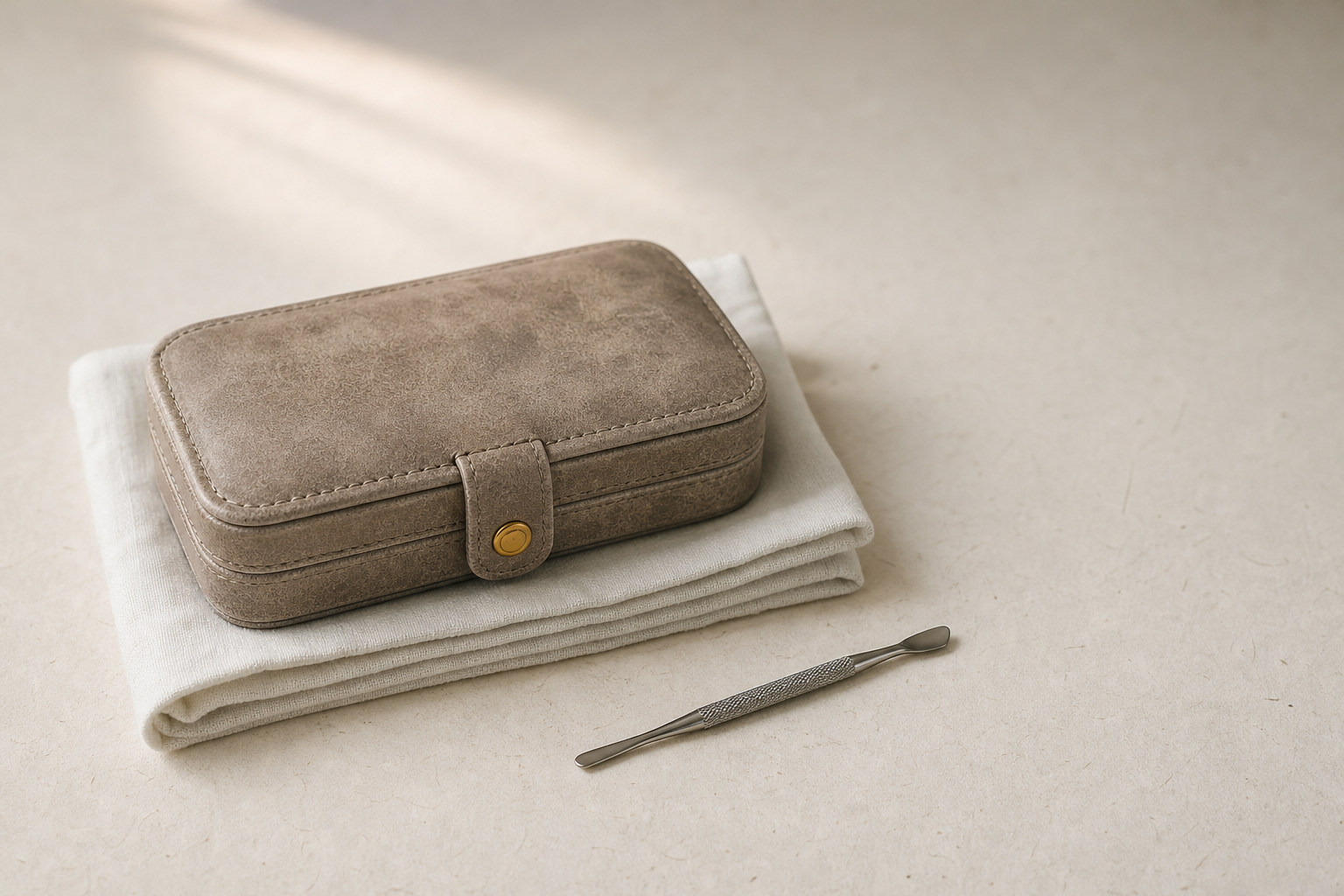 A closed nail technician's kit case on a folded cloth beside a single cuticle tool on a home table.