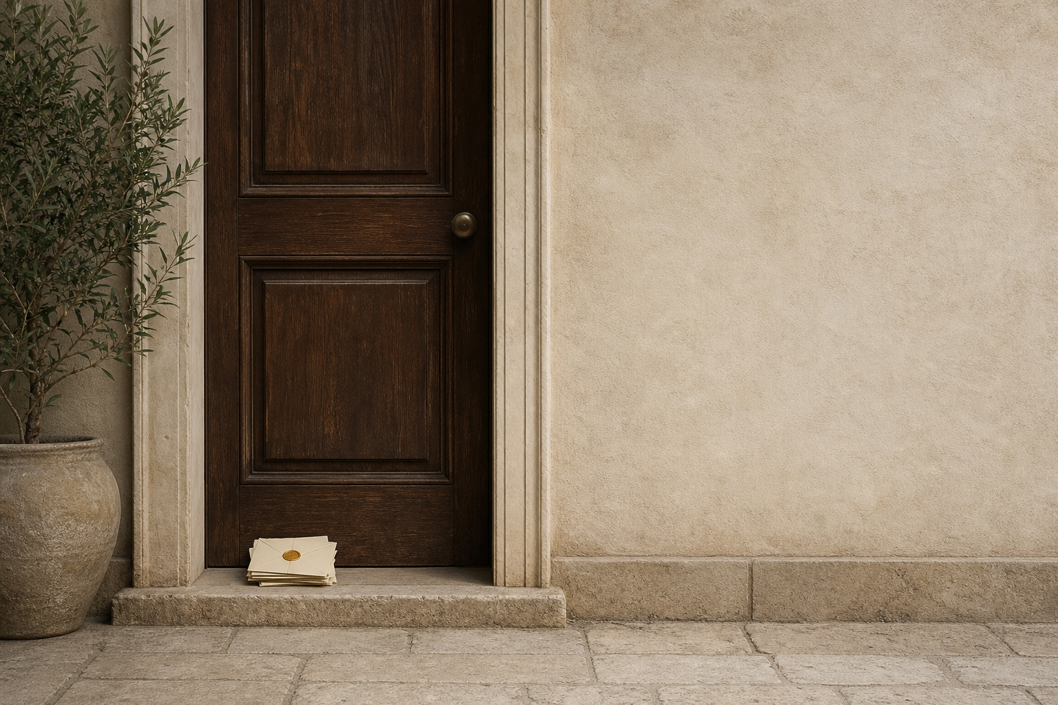Five wax-sealed credential cards resting on a doorstep in front of a closed home door.