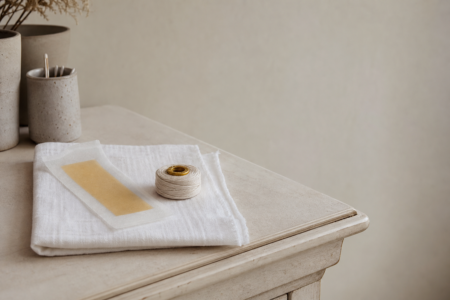 A waxing strip and a spool of threading cord resting on a folded white cloth on a home vanity.