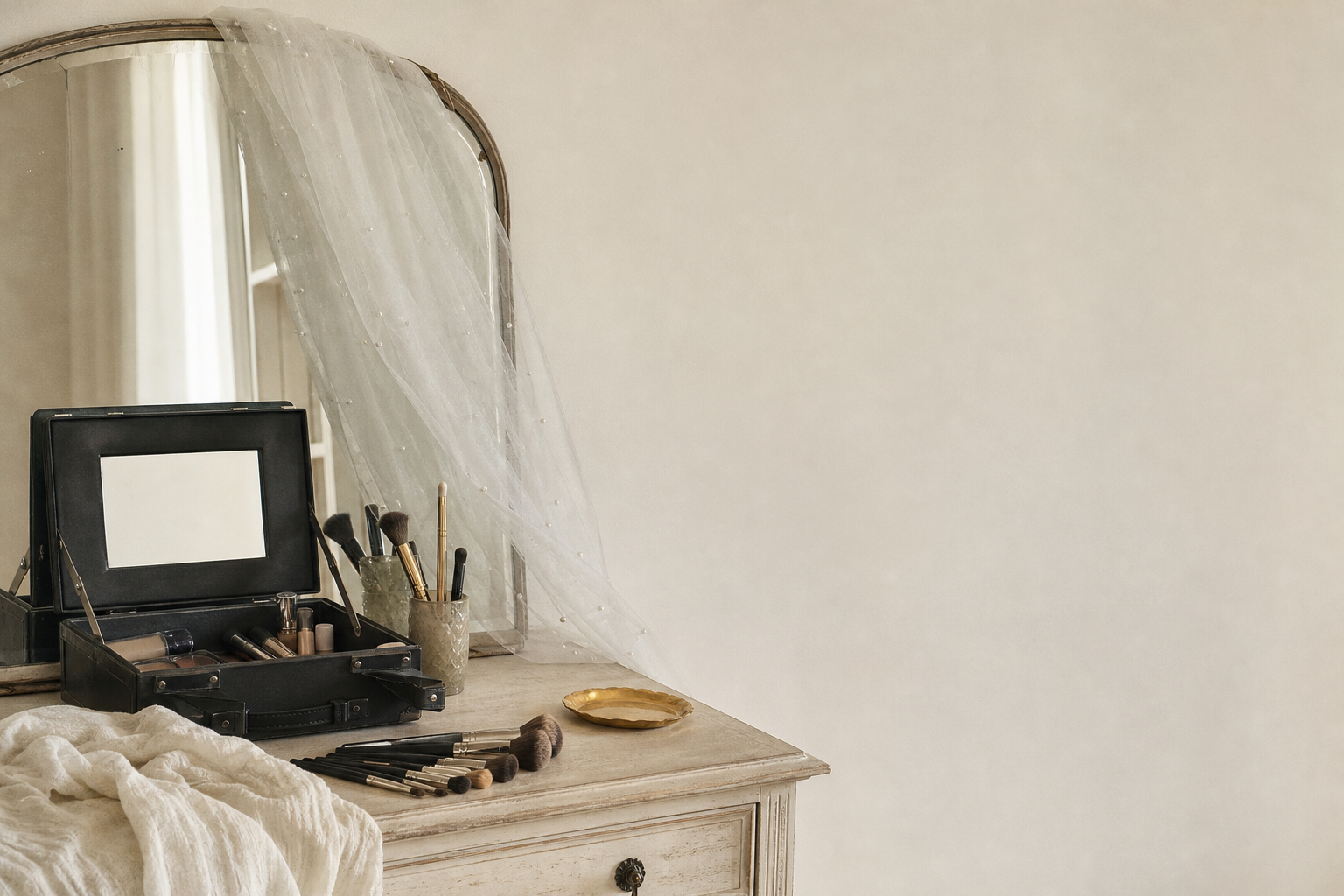 An open makeup kit with brushes fanned out on a home vanity, a bridal veil draped over the mirror beside it.