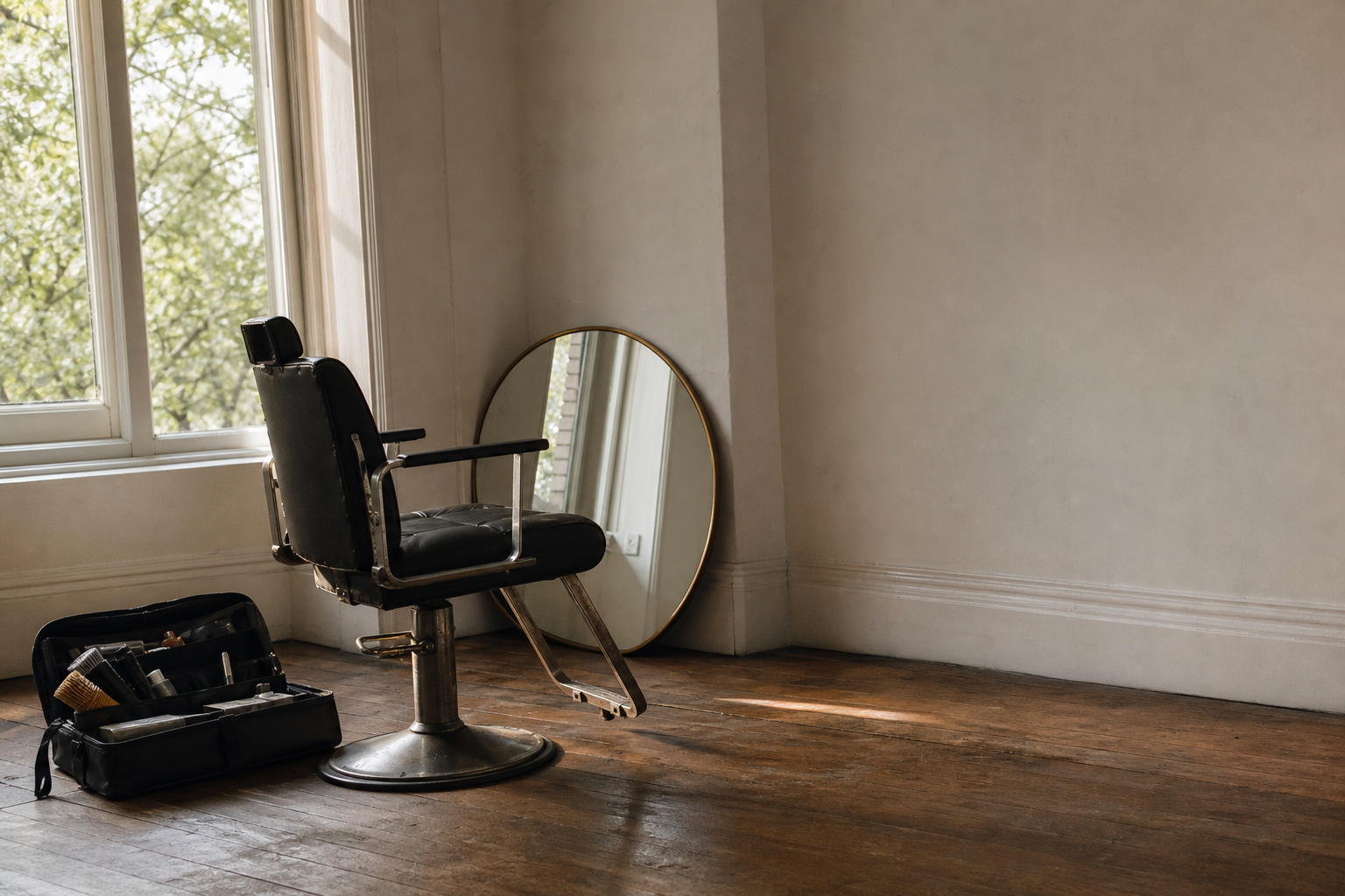 A styling chair and mirror set up near a window in a home room, prepared for an at-home hairstyling appointment.