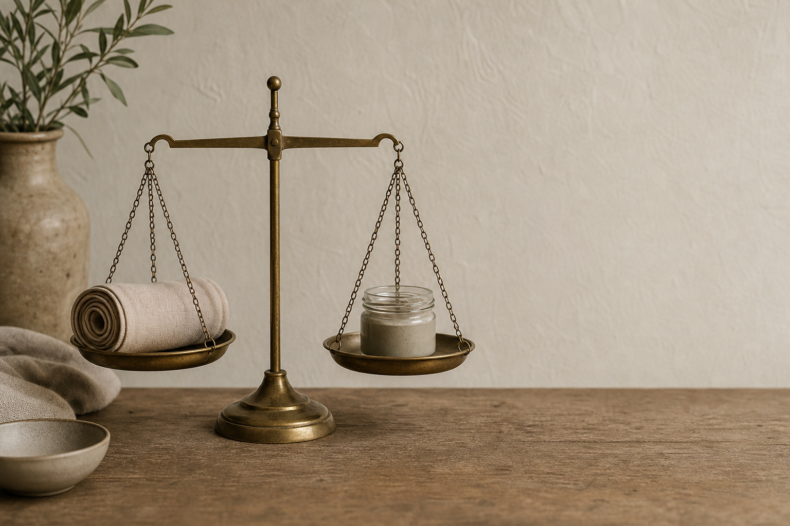A balance scale on a home table weighing a rolled body wrap sheet against a small glass jar of spa treatment product.