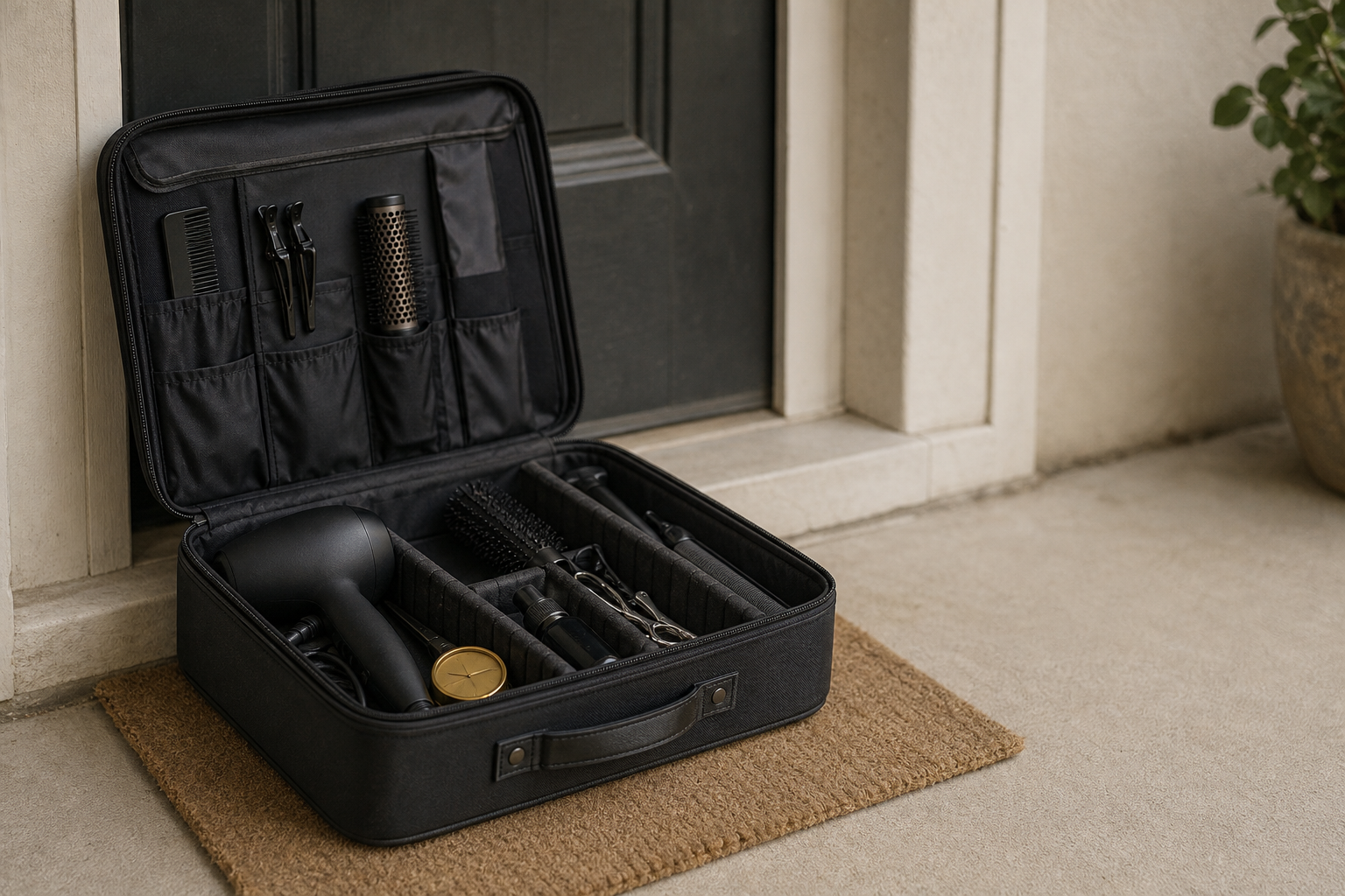An open hairstyling travel case on a home doorstep, with organized tool compartments and a small travel clock inside.