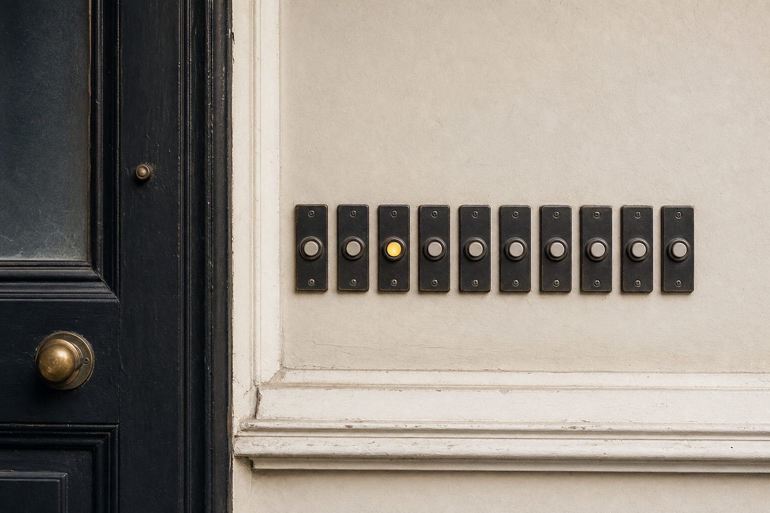 A row of ten identical doorbells on a home entryway, with only one illuminated.